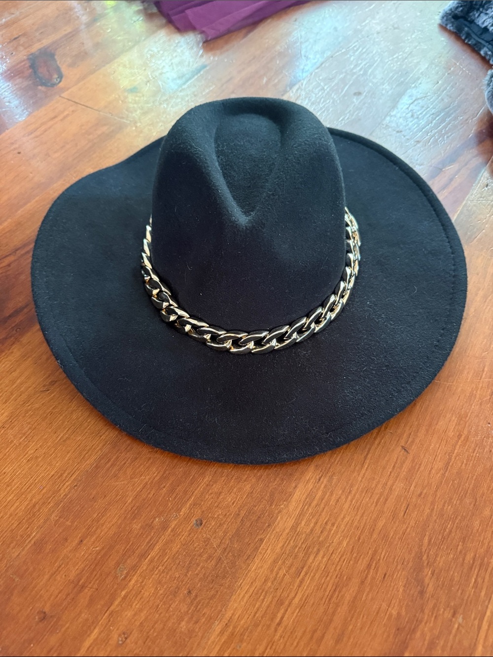Vince Camuto Black Wide Brim Wool Hat with Gold Chain